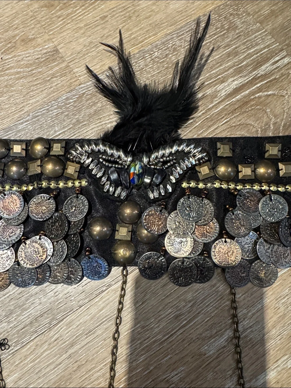 Black Beaded Coin Fringe Belly Belt with Feather Accents